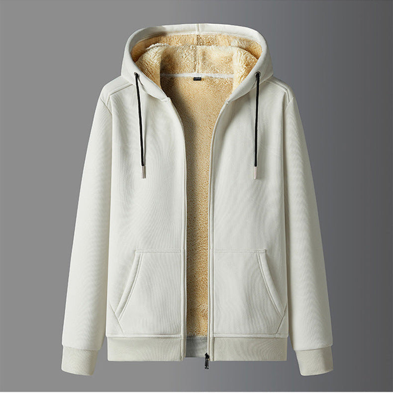 Men's full-zip hooded fleece jacket with sherpa lining, casual winter outerwear in neutral tone