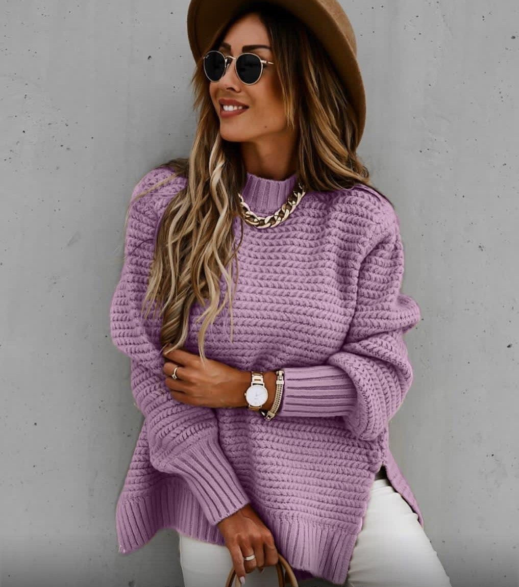 Jade green chunky knit oversized sweater with high neck and ribbed cuffs