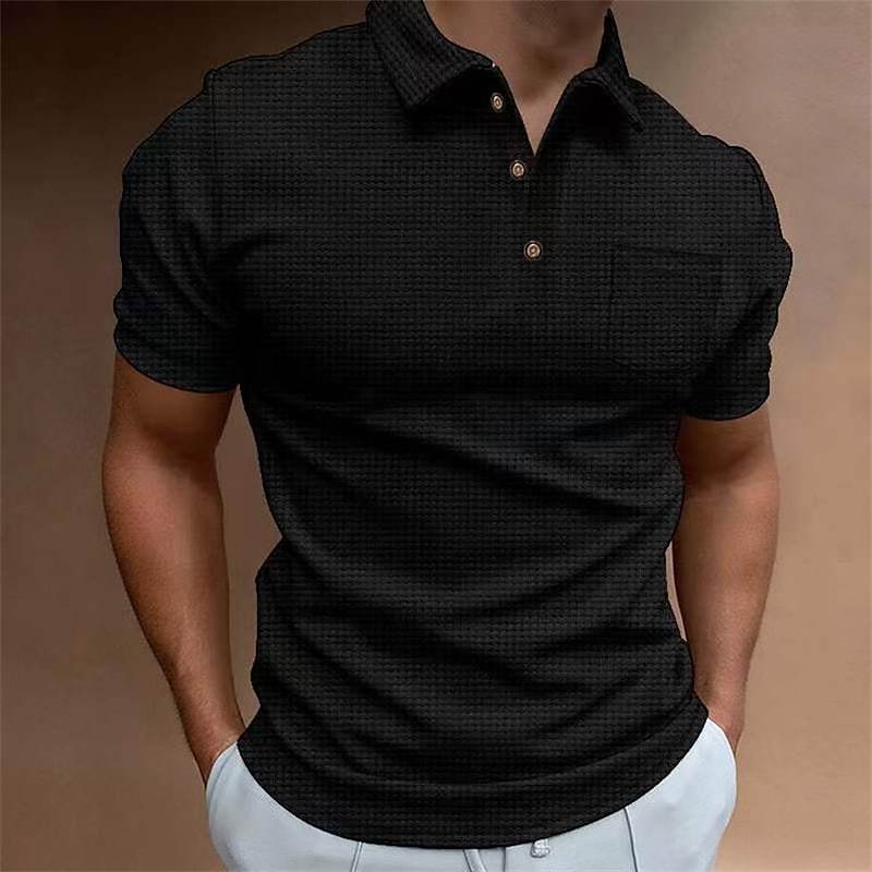 Beige slim fit piqué knit men's polo shirt with chest pocket and short sleeves