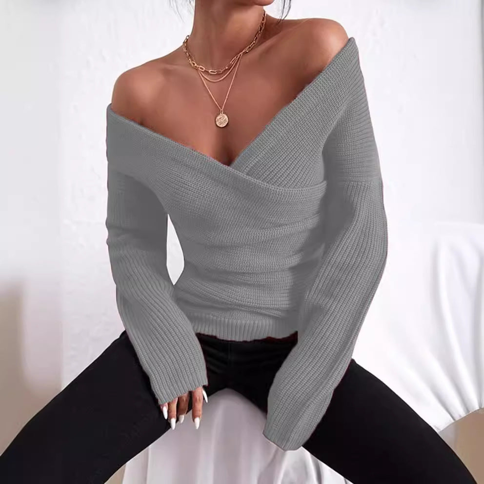 Women's ribbed knit off-shoulder sweater, slim fit wrap V-neck long sleeve style