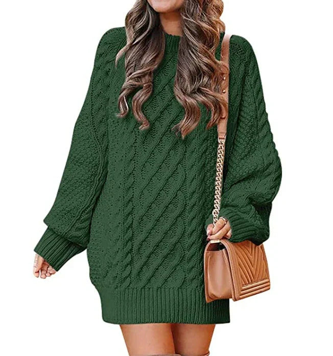 Cream cable-knit wool blend sweater dress oversized mid-length fit with long sleeves