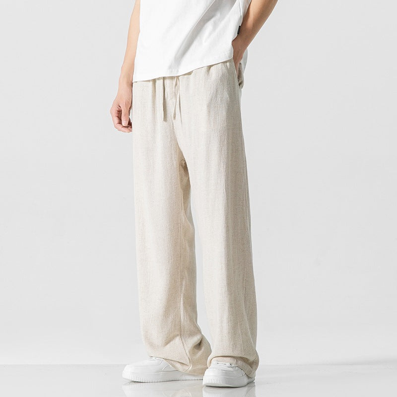 Men's loose fit linen blend trousers with drawstring waist, breathable casual full length pants