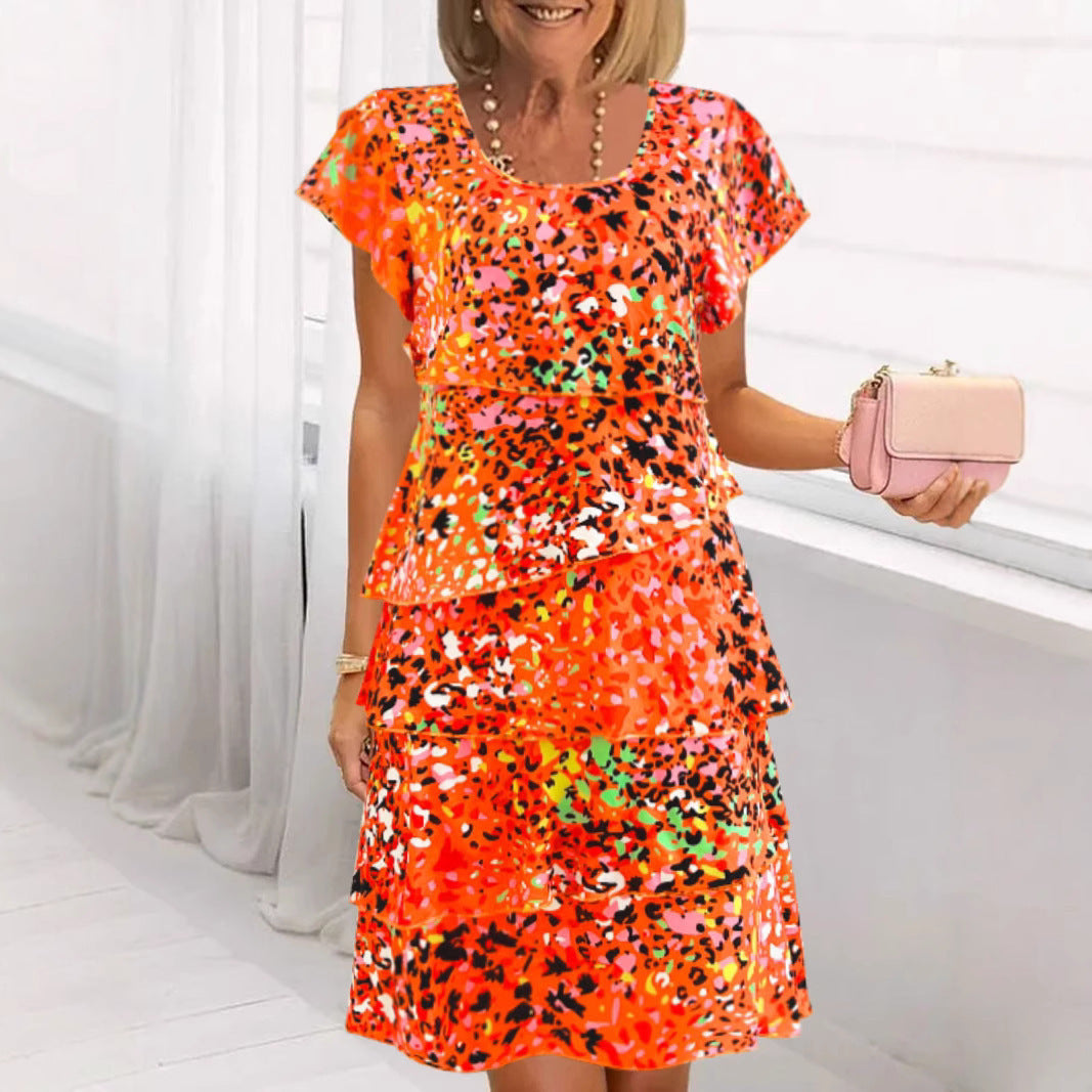 Women's floral midi dress relaxed fit with tiered ruffles and flutter sleeves for effortless style