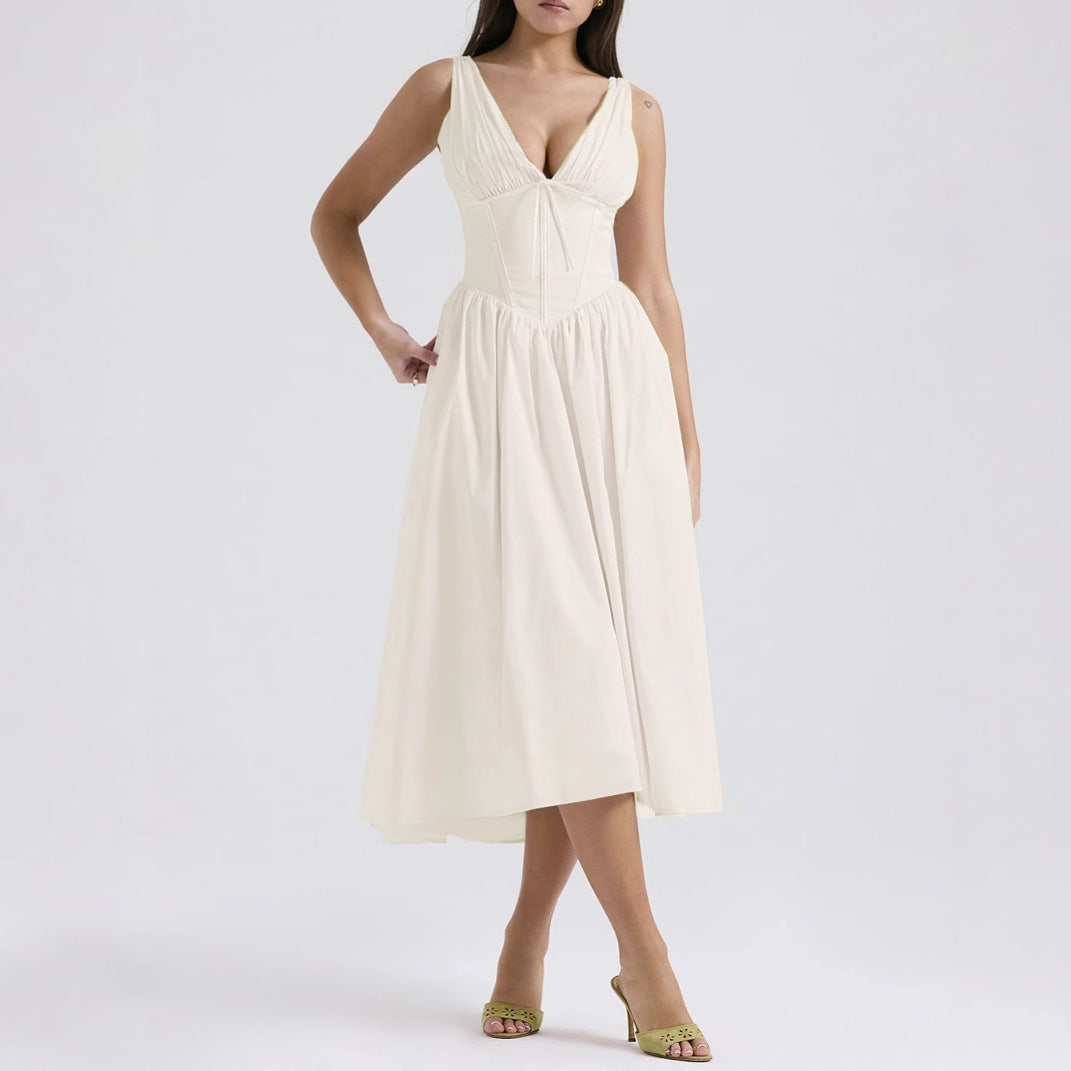 Women's floral print midi dress, A-line sleeveless V-neck silhouette with flowing skirt