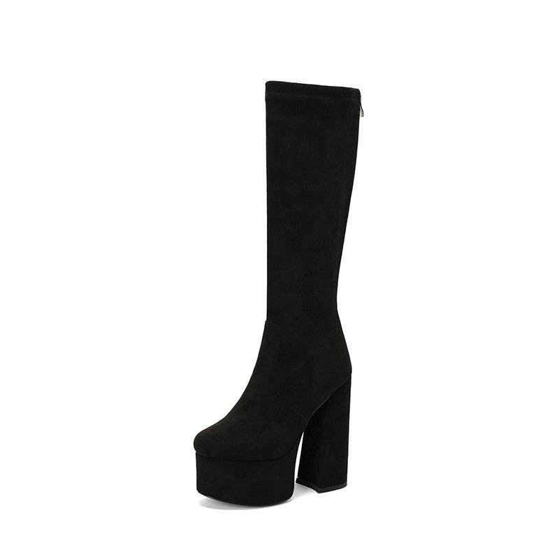 Women's knee-high suede boots tailored fit chunky platform heel with back zipper closure