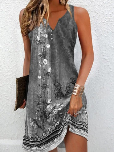 Women's sleeveless V-neck cotton blend dress with floral detail and asymmetrical hem