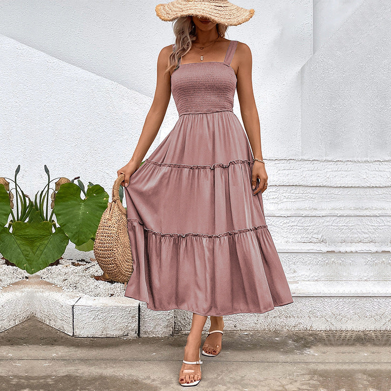 Women's sleeveless cotton blend midi dress, smocked bodice A-line silhouette in warm-weather style