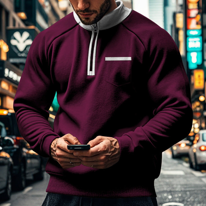 Men's gray cotton blend zip neck sweatshirt stand-up collar regular fit with chest pocket