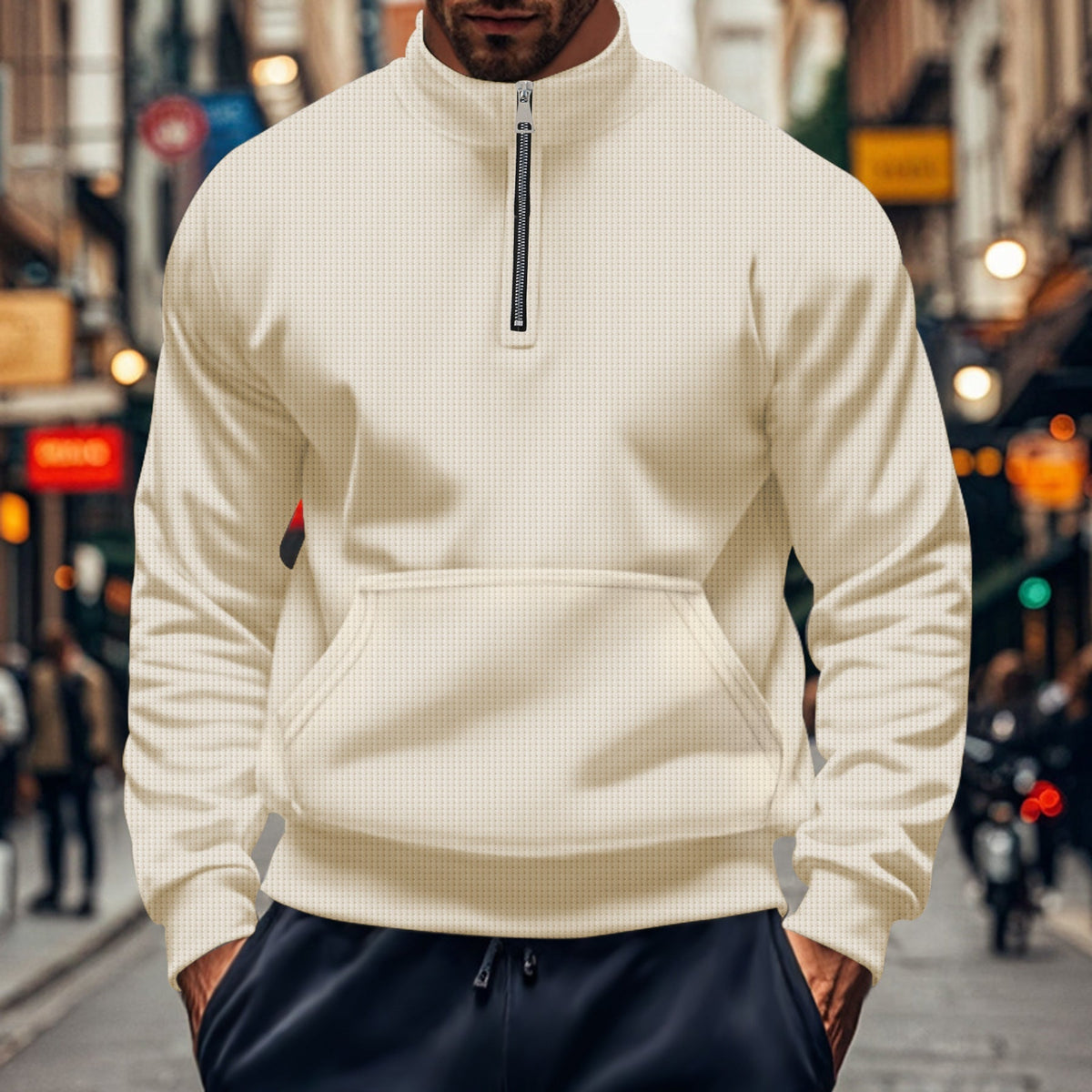 Men's relaxed fit half-zip sweatshirt with kangaroo pocket and ribbed trim in cotton knit