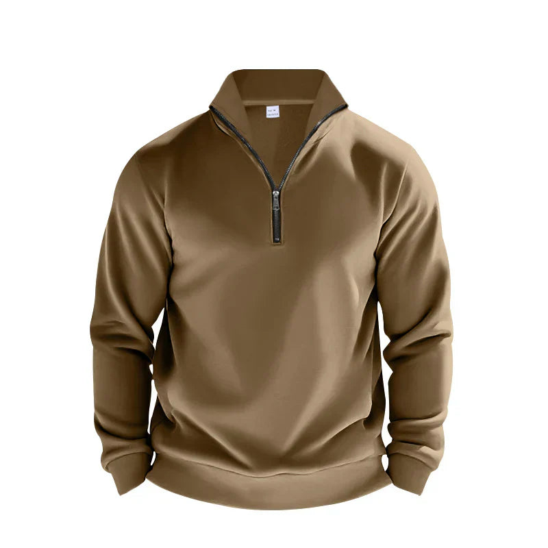 Men's brushed knit half-zip sweater relaxed fit mock neck with ribbed trim in neutral tone