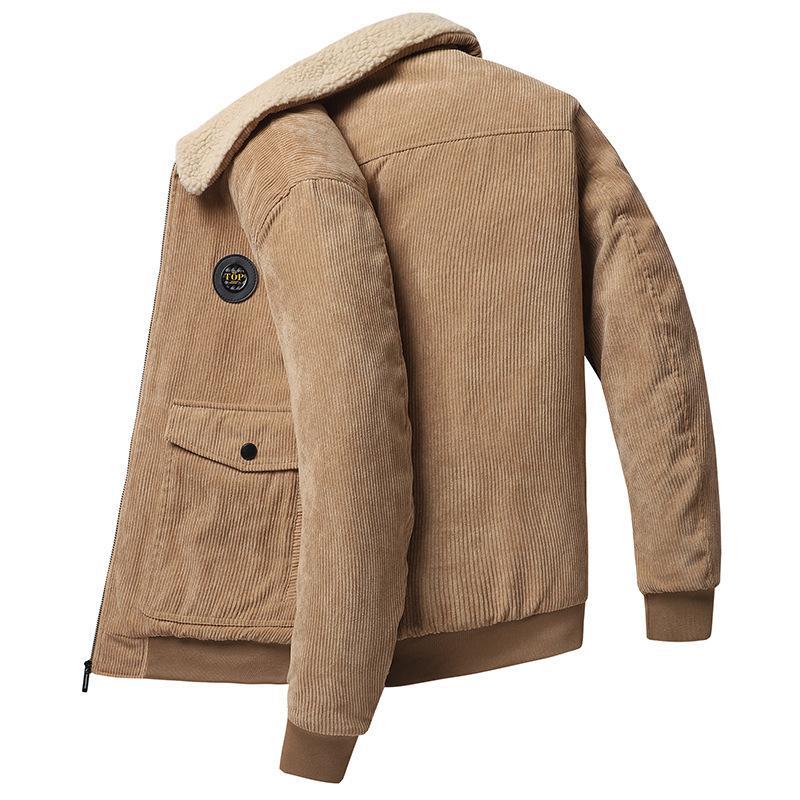 Men's brown corduroy jacket wool-lined loose fit button-front with flap pockets classic style