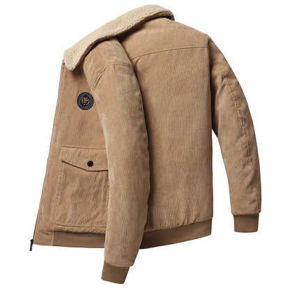 Men's brown corduroy jacket wool-lined loose fit button-front with flap pockets classic style
