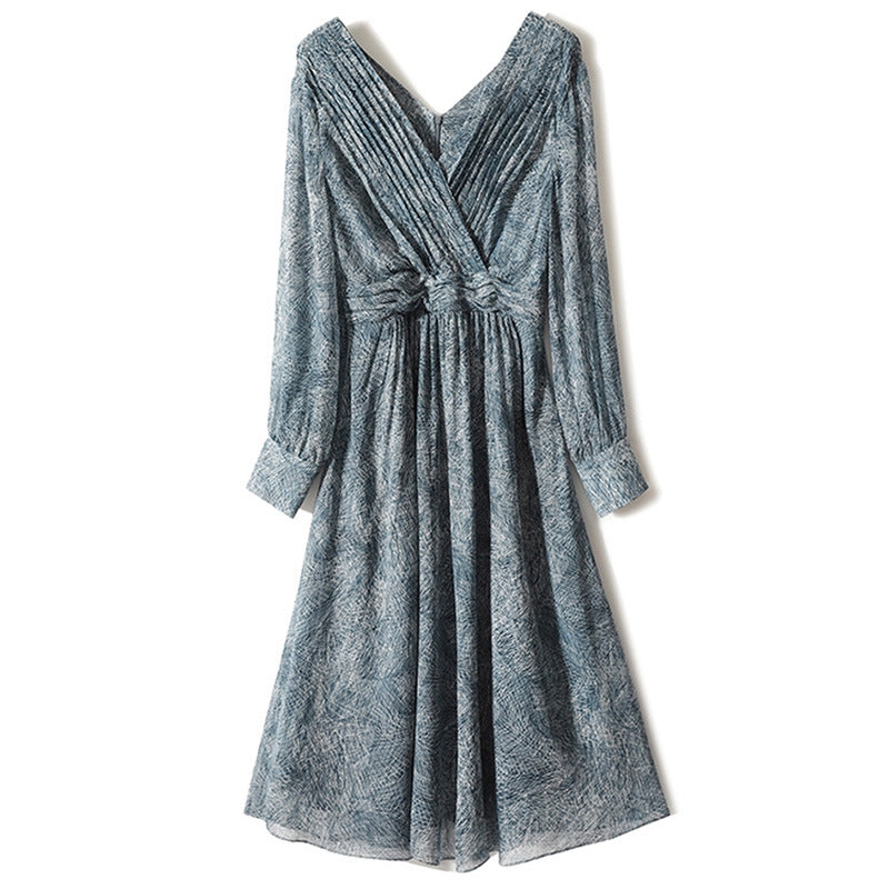 Viola silk wrap dress in elegant drape, lightweight mulberry silk with pleated overlap silhouette