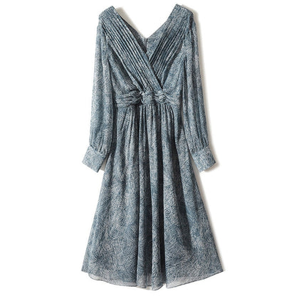 Viola silk wrap dress in elegant drape, lightweight mulberry silk with pleated overlap silhouette