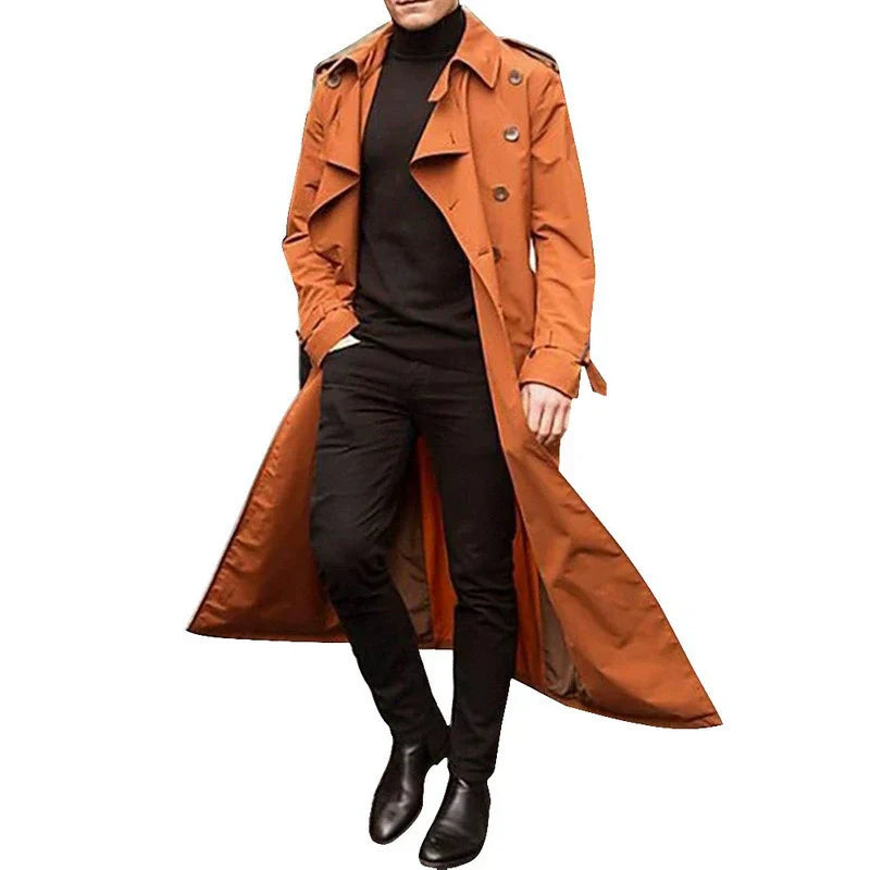 Men's tailored fit double-breasted trench coat with notched lapels, full-length polished professional style