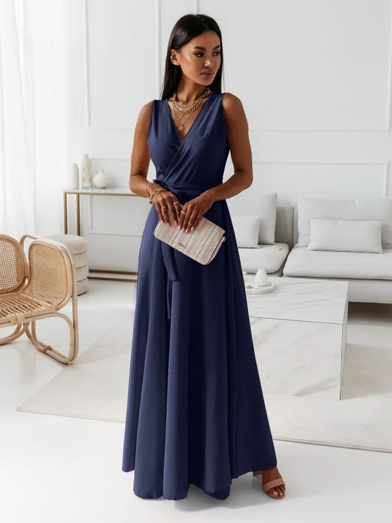 Elegant sleeveless V-neck maxi dress with tailored waist fit, perfect for formal occasions