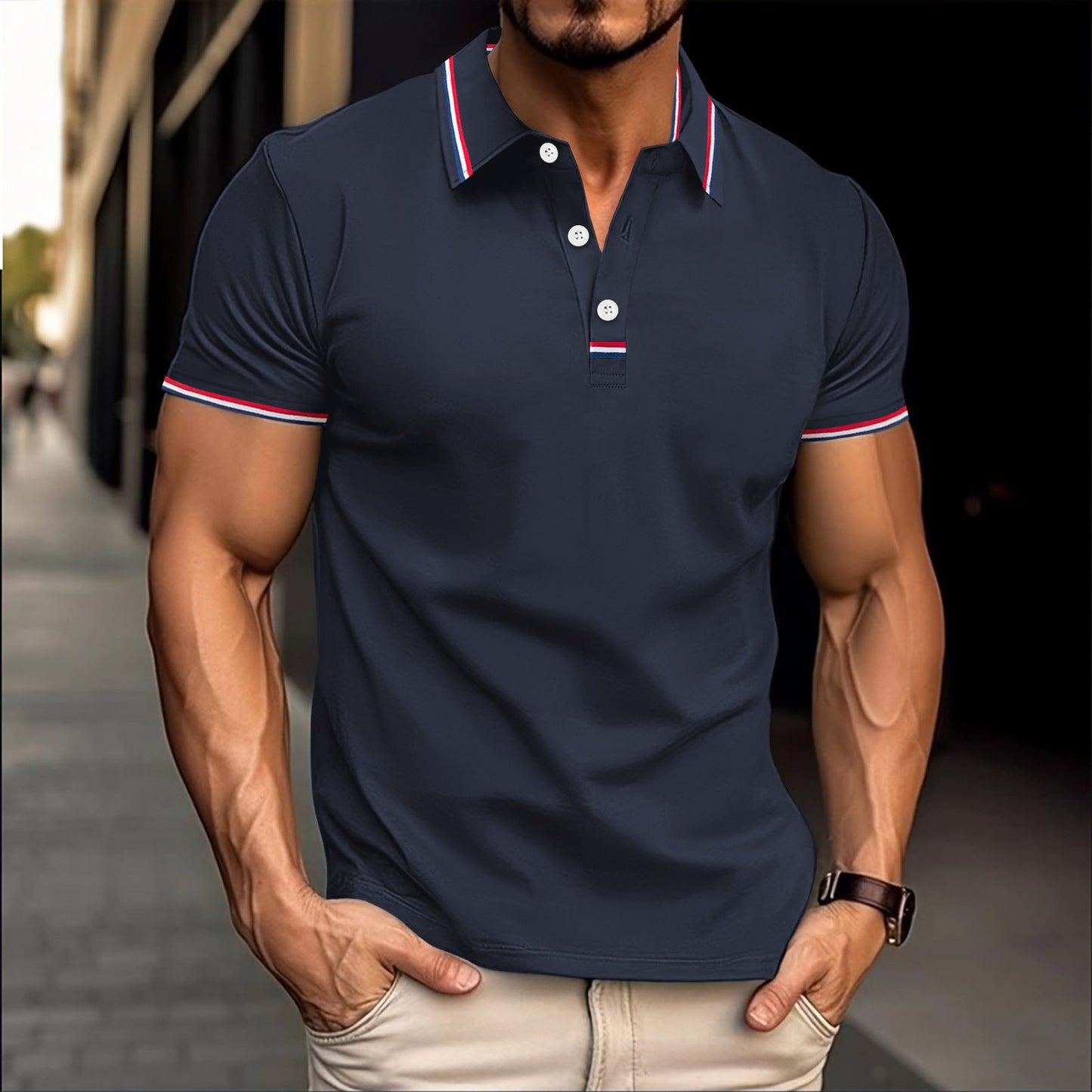 Men's slim fit cotton blend polo shirt with ribbed collar and button placket, modern versatile style