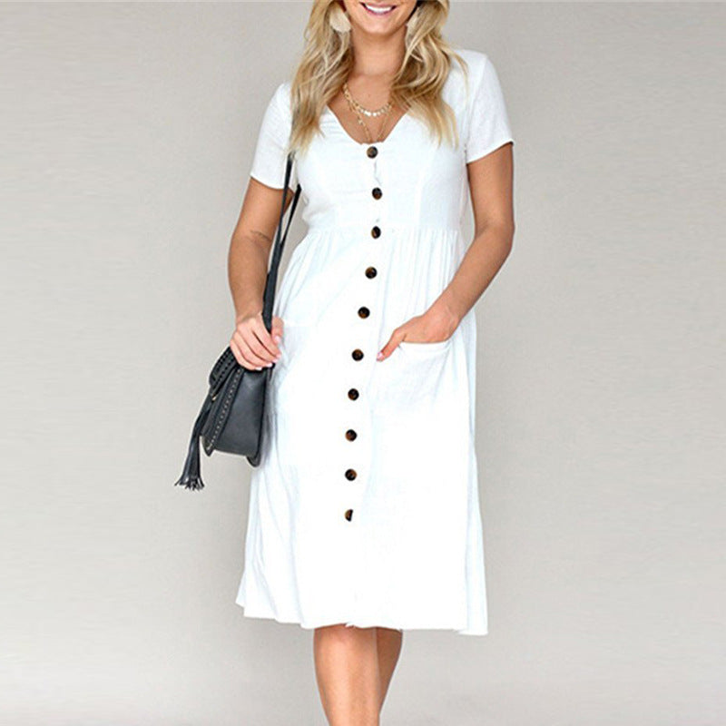 Women's sage green A-line midi dress, V-neck button-front short sleeve cotton blend with pockets