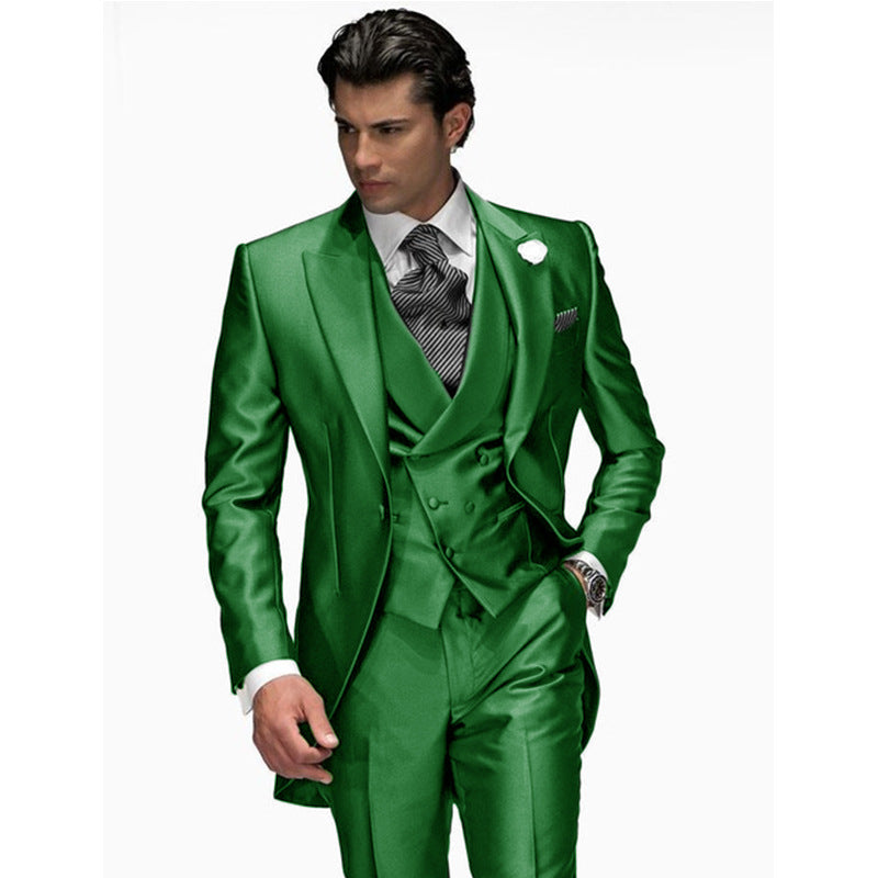 Men's black satin-look 3-piece suit tailored fit double breasted vest formal party attire