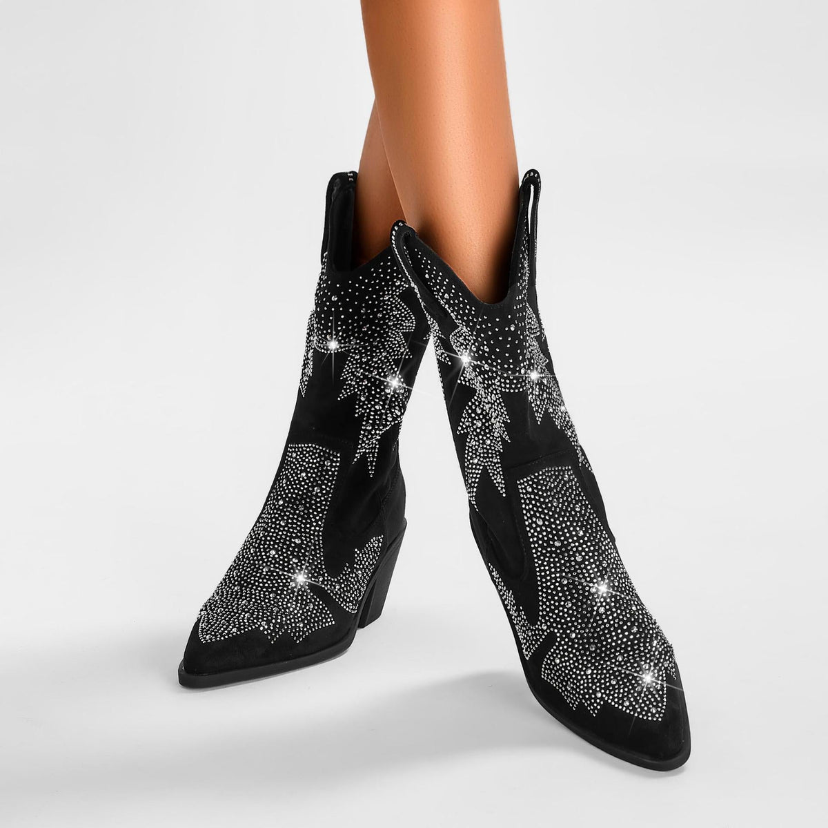 Black faux suede women's western boots with sparkling rhinestone detail, trendy cowgirl style