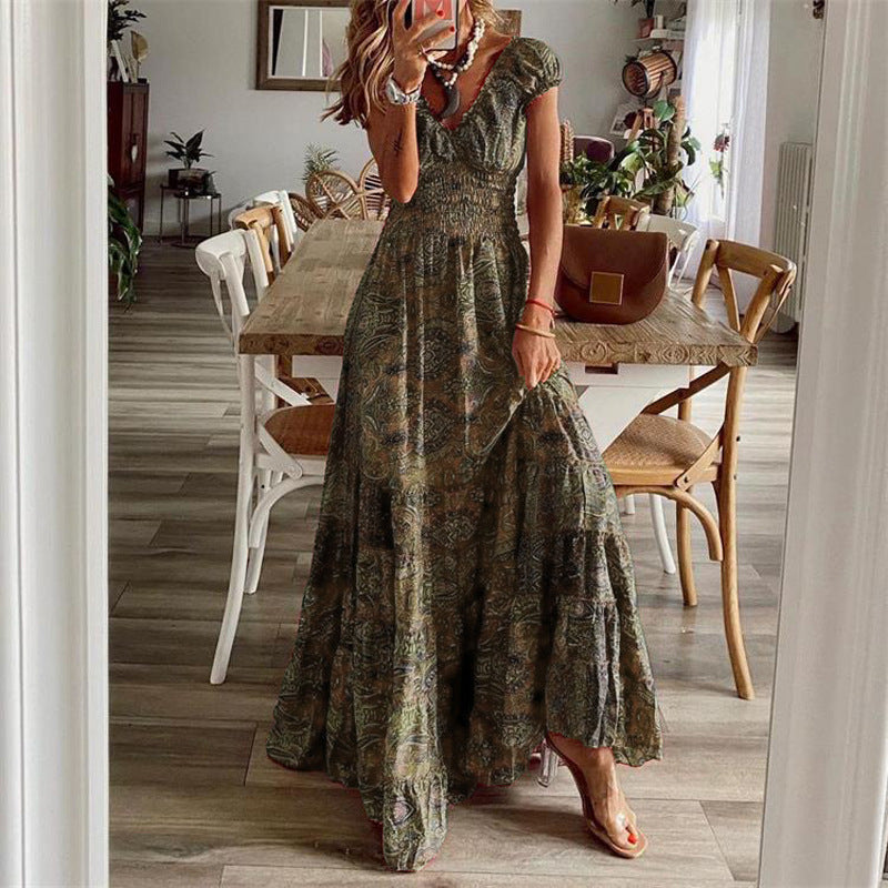 Floral cotton maxi dress with V-neck, smocked bodice, and flowing tiered skirt for women
