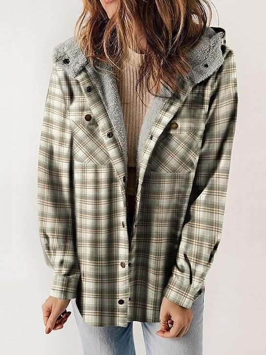 Women's plaid wool blend coat relaxed fit with plush lined hood for cozy fall winter outerwear
