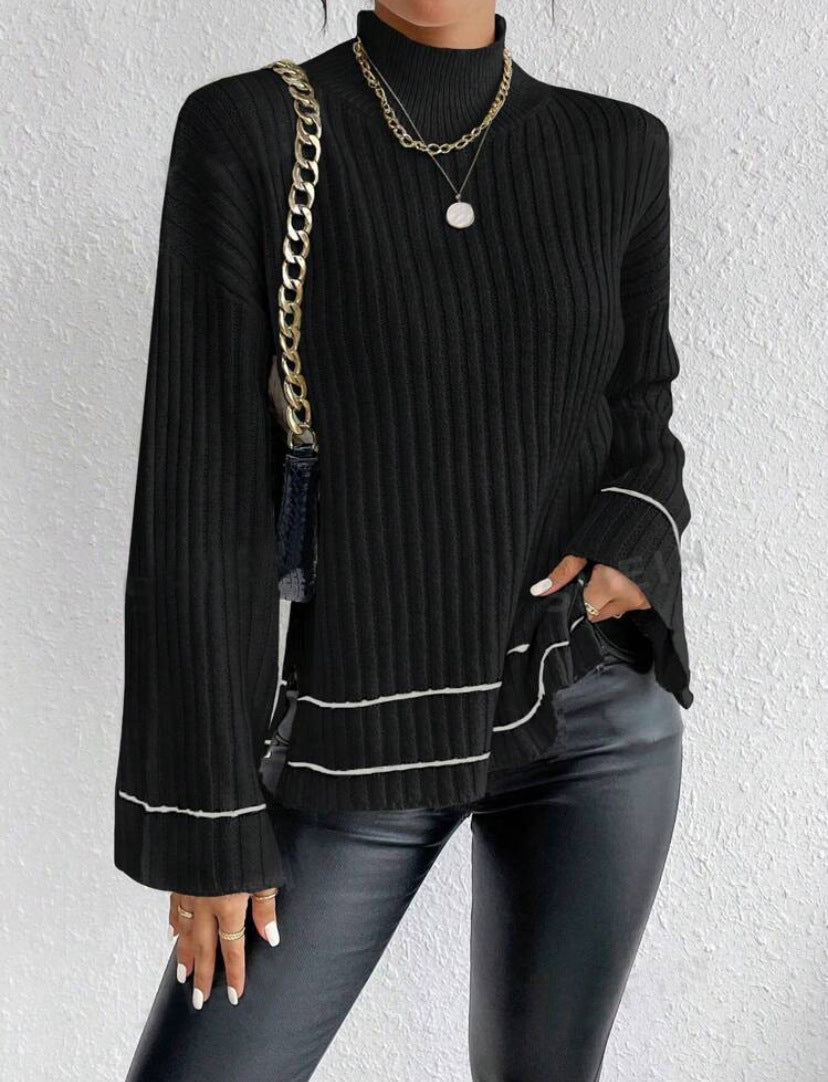 Women's oversized ribbed knit sweater with high neck and long sleeves for cozy everyday style