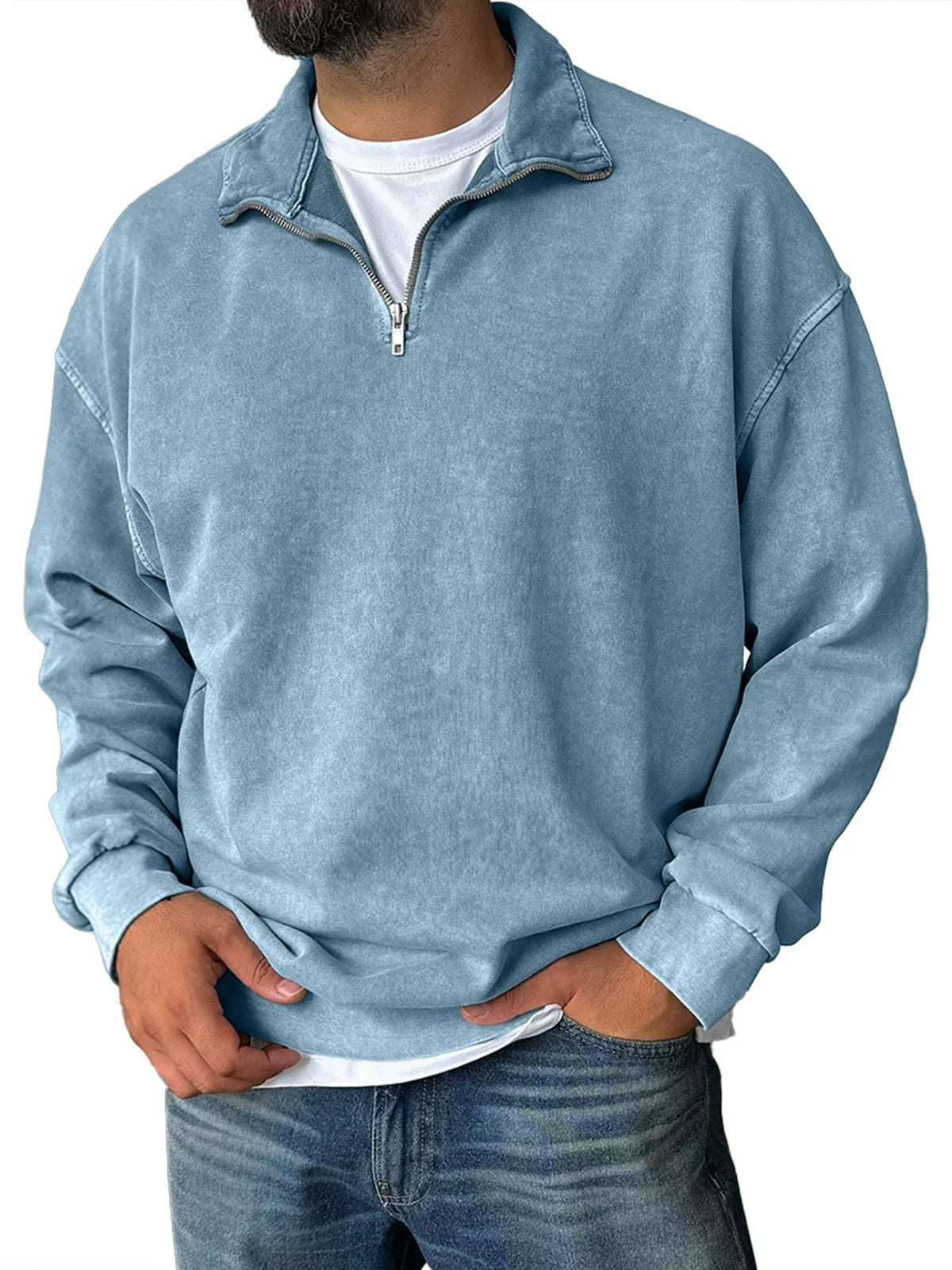 Men's gray cotton blend relaxed fit half-zip sweatshirt with stand collar and drop shoulder