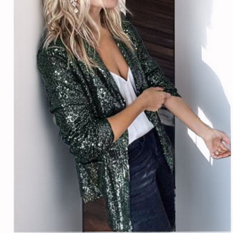 Women's silver sequin-coated blazer tailored fit open front long sleeves evening wear