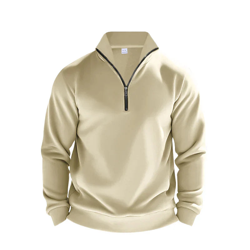 Men's brushed knit half-zip sweater relaxed fit mock neck with ribbed trim in neutral tone