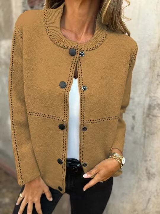 Women's loose fit knit cardigan in soft neutral, round neck button front hip length cozy layer