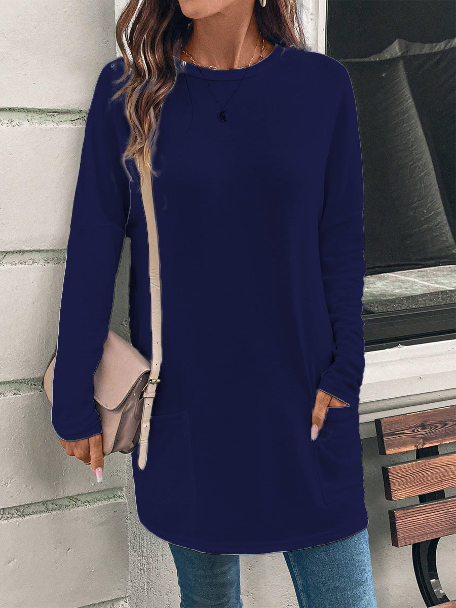Women's relaxed fit tunic sweatshirt cotton blend round neck with hip pockets casual everyday style