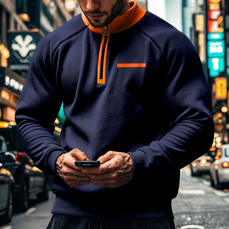 Men's gray cotton blend zip neck sweatshirt stand-up collar regular fit with chest pocket