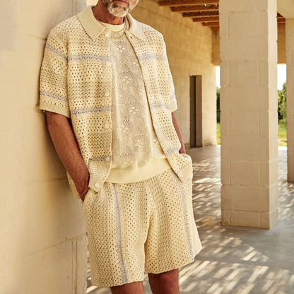 Men's beige open-knit cardigan and shorts set relaxed fit breathable cotton summer coord
