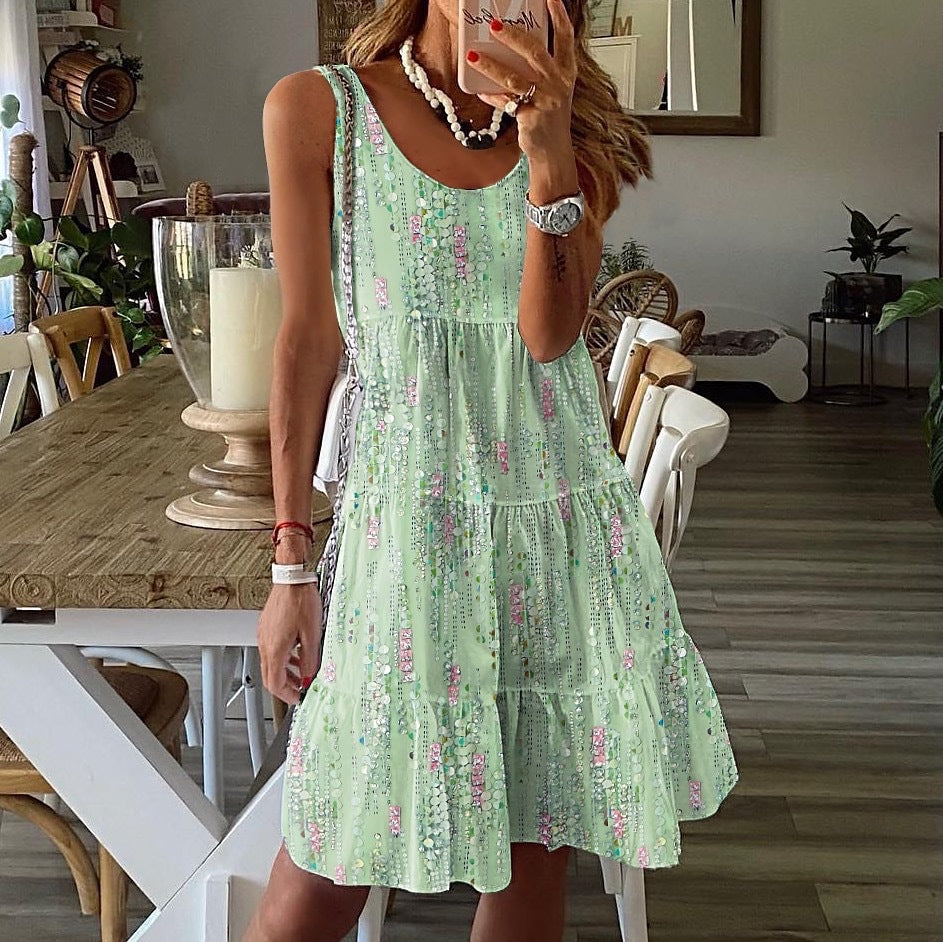 Women's sleeveless A-line cotton dress, scoop neck, tiered layers, lightweight warm-weather style