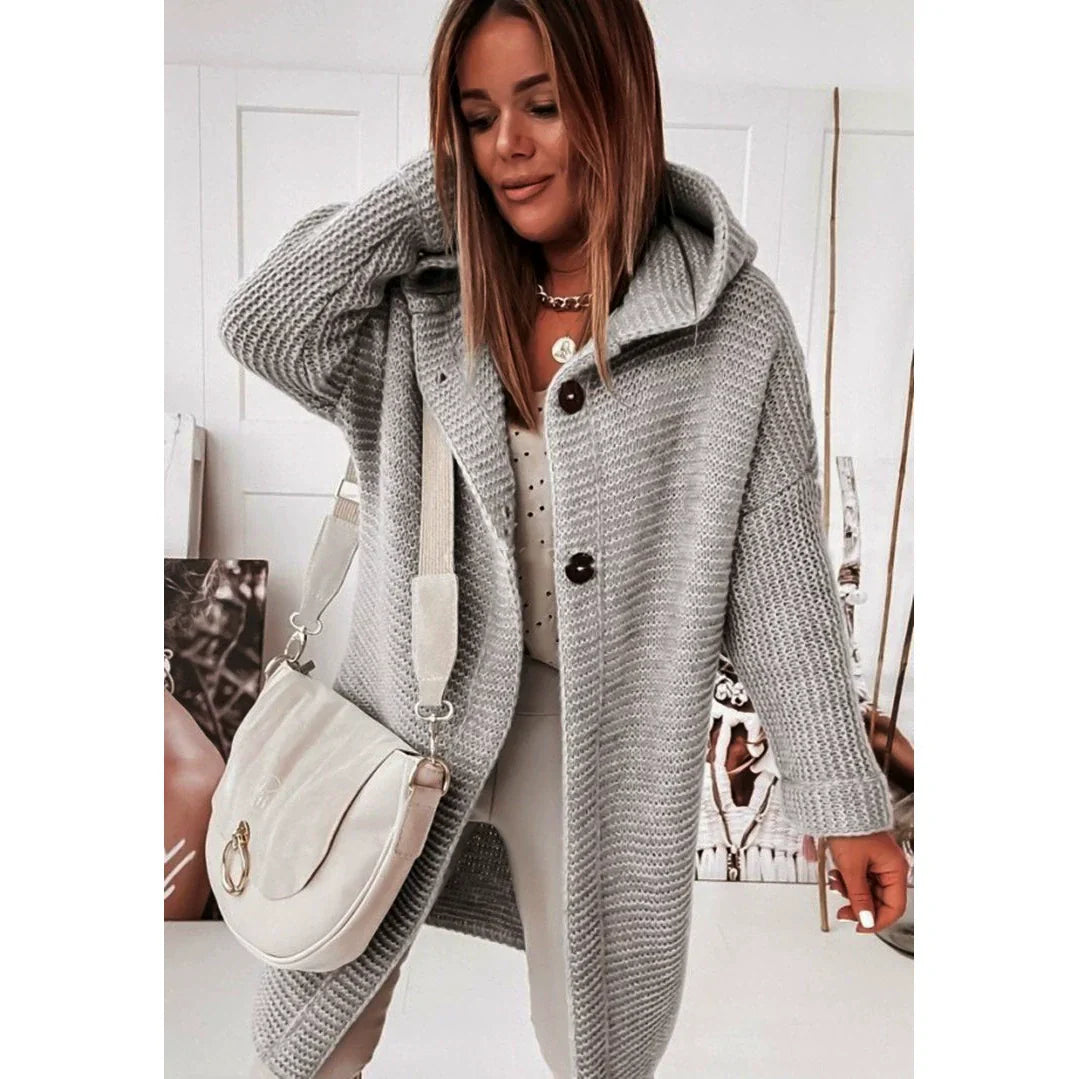 Women's soft beige longline hooded cardigan ribbed knit button front cozy layering essential