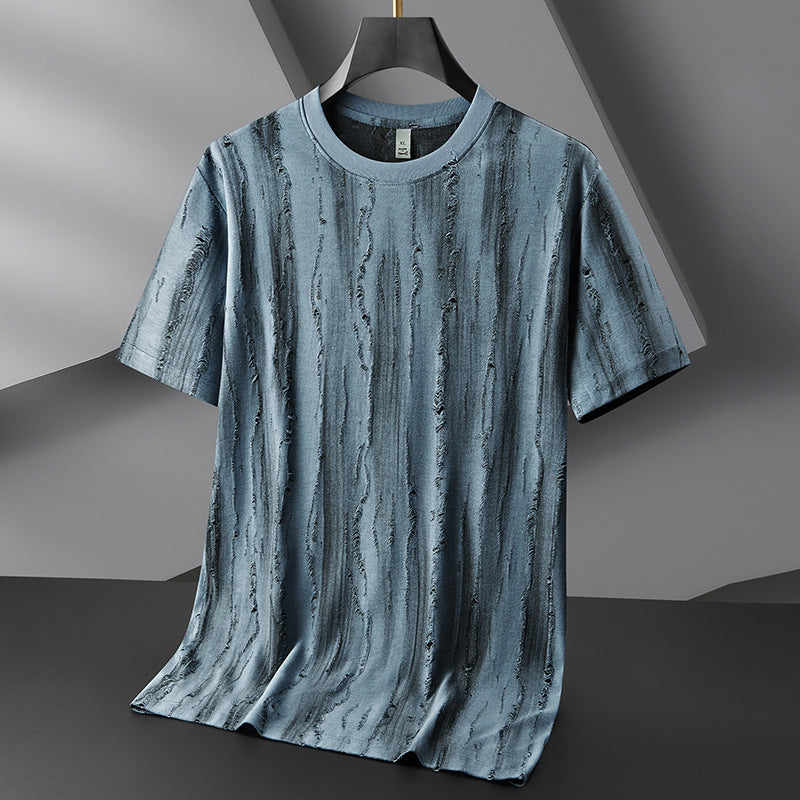White distressed crew-neck shirt with textured vertical streaks, relaxed draped fit, short sleeves