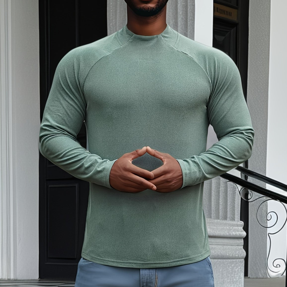 Men's slim fit long sleeve crew neck tee in soft stretch cotton with contrast raglan sleeves