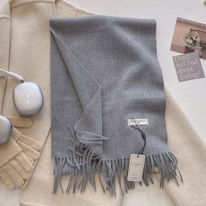 Soft plain tassel scarf shawl in neutral tones, lightweight wrap with fringe trim detail