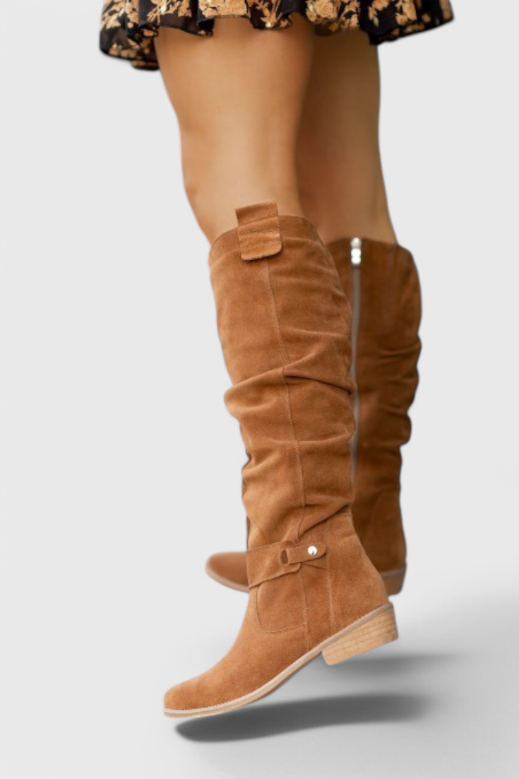 Retro-inspired tall boots with sleek elongated silhouette and vintage detailing for cold-weather style