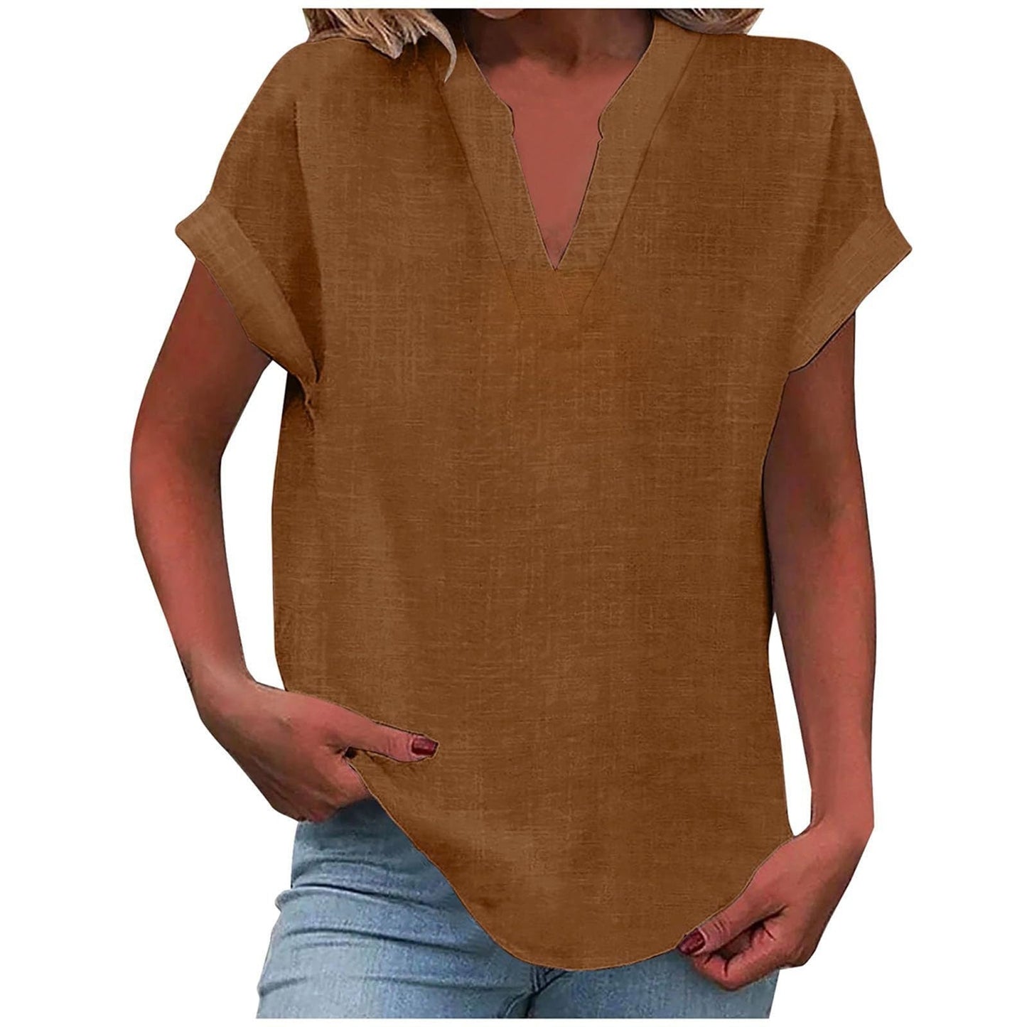 Relaxed V-neck blouse in neutral tone with rolled short sleeves and smooth draped silhouette