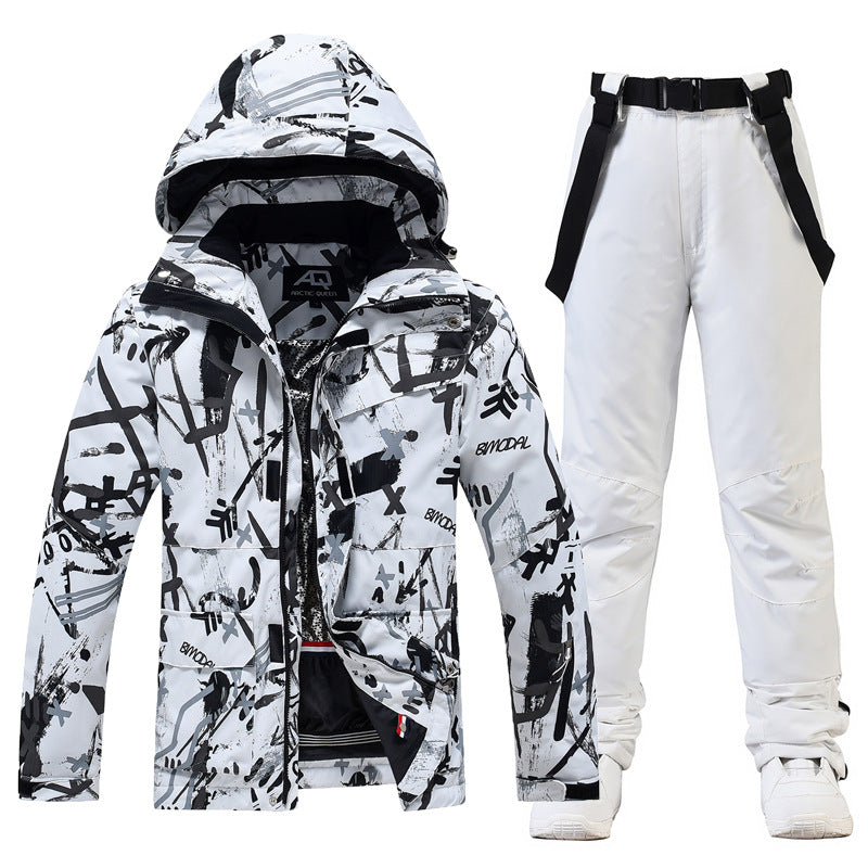 Men's relaxed fit two-piece ski suit hooded jacket with suspenders water-resistant winter snow set