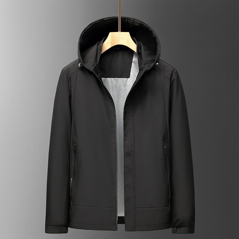 Men's water-resistant hooded jacket relaxed fit with zippered pockets, lightweight spring layer