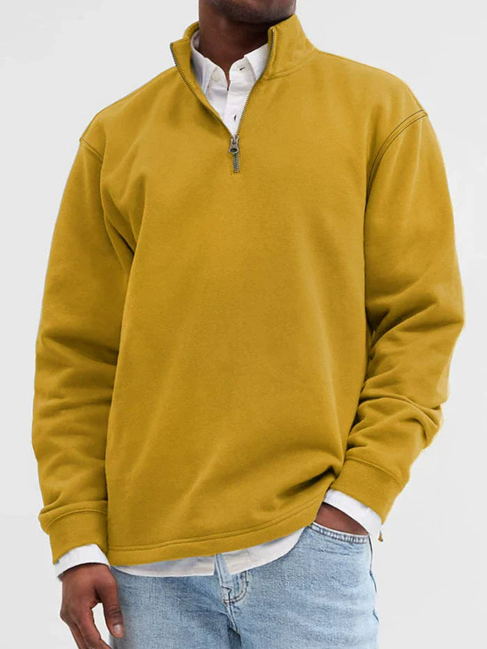 Men's gray cotton-blend sweatshirt relaxed fit stand collar zip front ribbed hem casual layer
