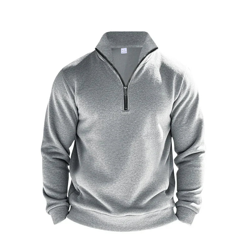Men's brushed knit half-zip sweater relaxed fit mock neck with ribbed trim in neutral tones