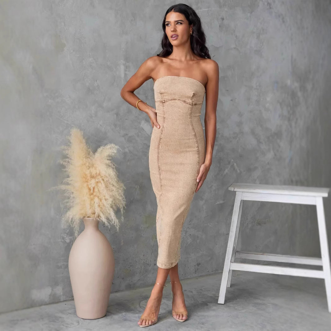 Women's strapless slim-fit midi denim dress with structured seam texture details