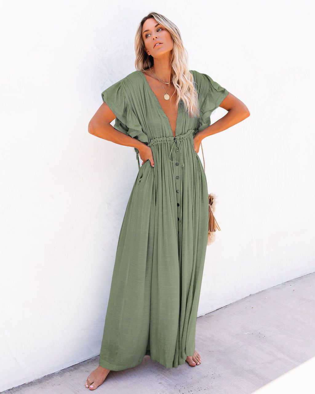 Women's boho kimono wrap dress flowy V-neck beach cover-up with soft bohemian print