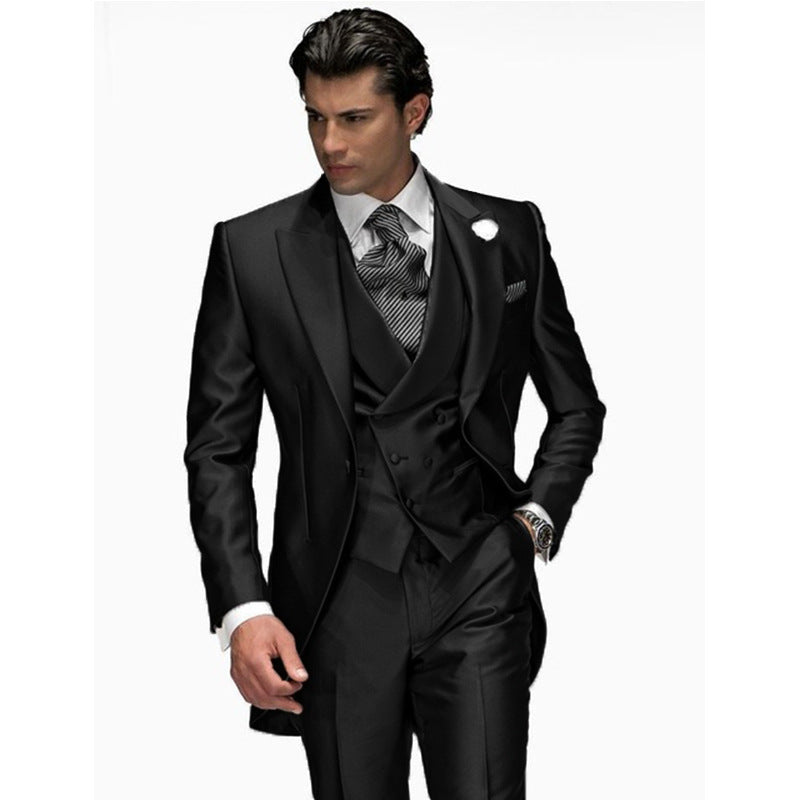 Men's black satin-look 3-piece suit tailored fit double breasted vest formal party attire