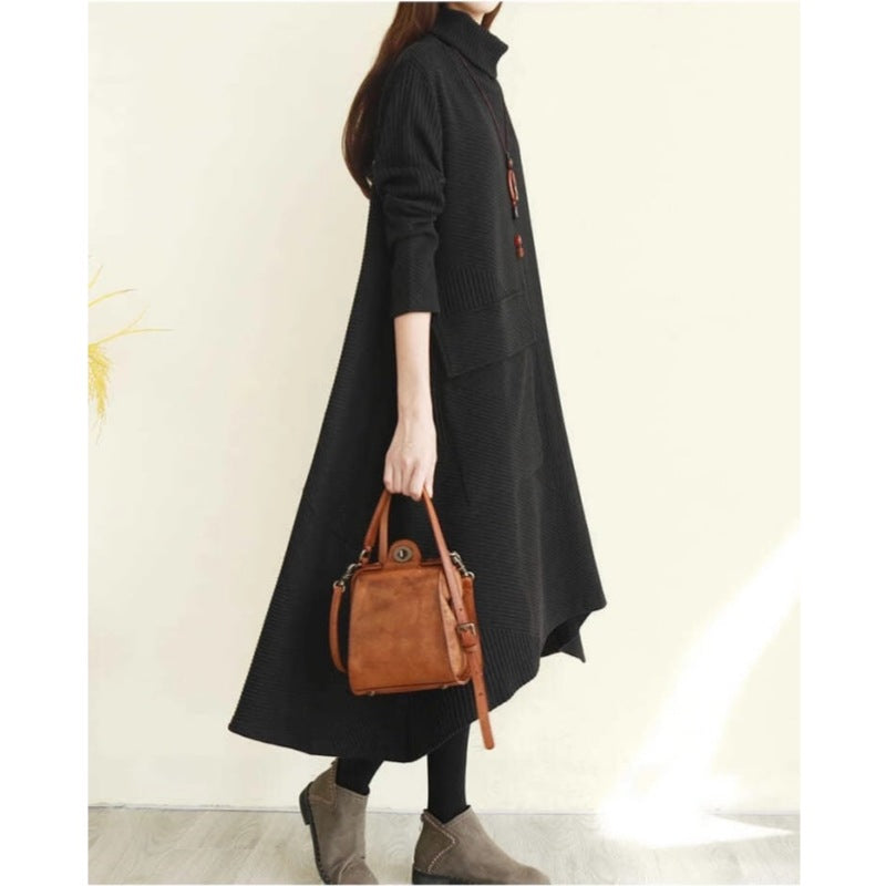 Women's black turtleneck sweater dress, casual loose fit long sleeve knit with textured pattern