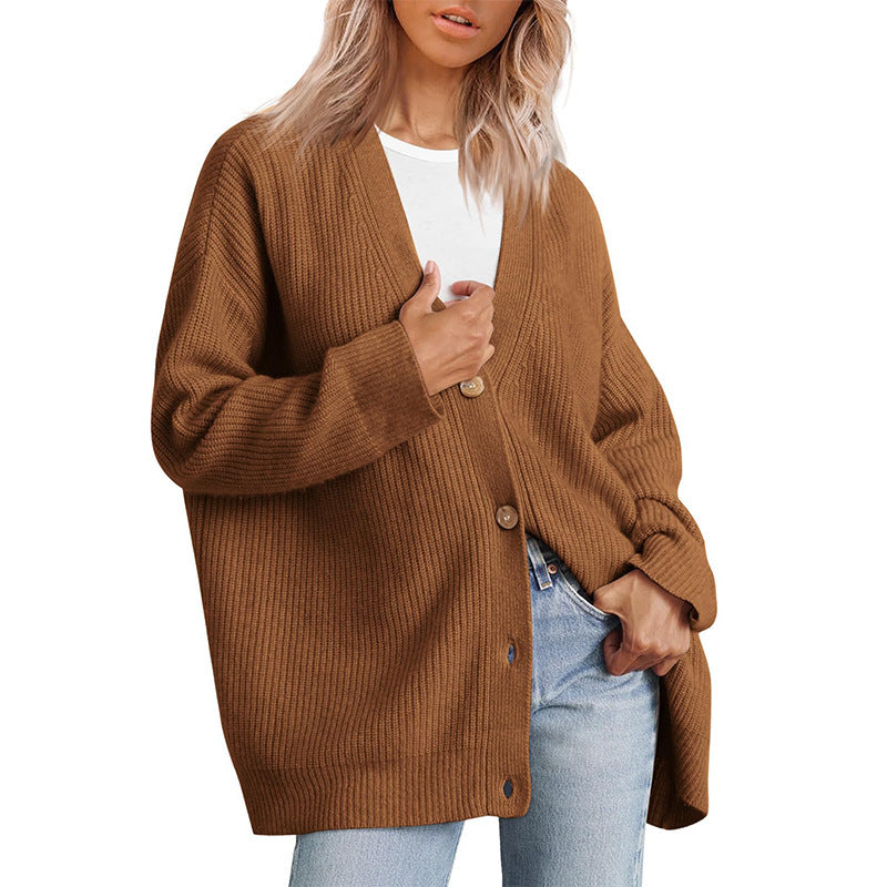 Striped knit cardigan oversized fit V-neckline button-down cozy layering piece for women